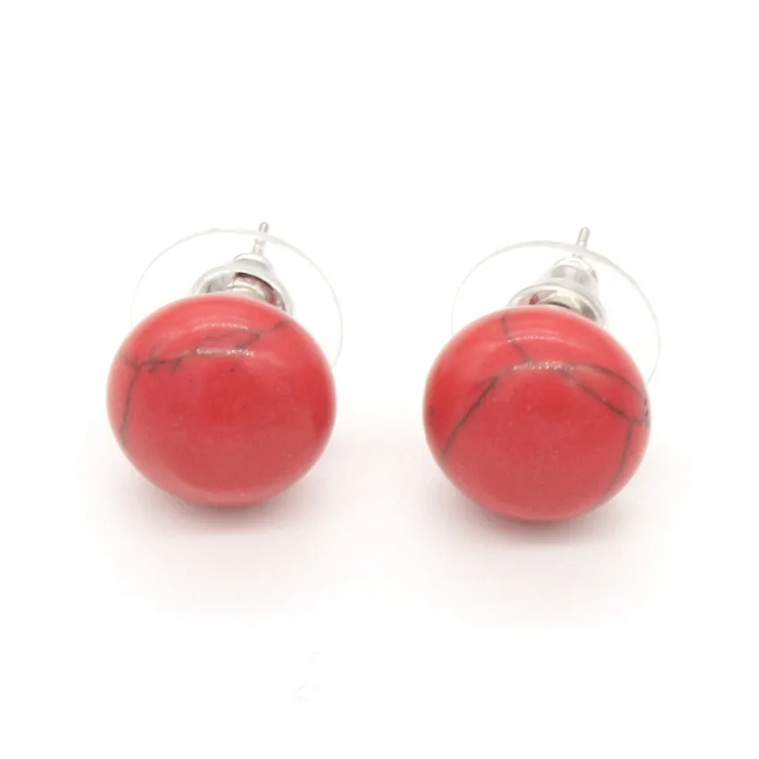 

Trendy-beads Silver Plated Red Turquoises Stone Bread Shape Stud Earrings For Women Ethnic Jewelry