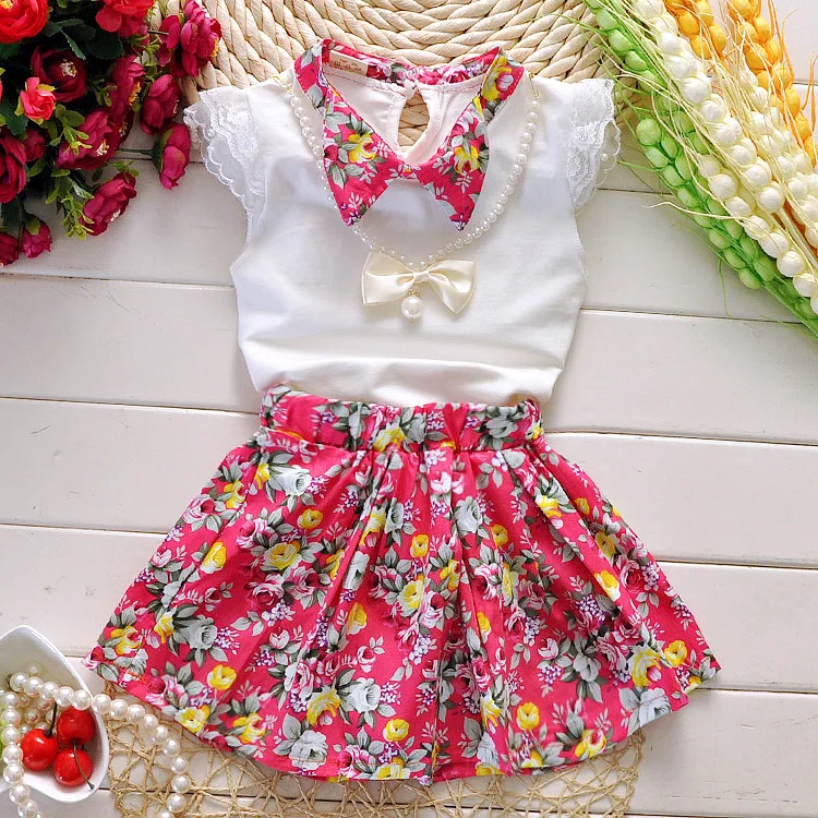3 шт. жемчужное ожерелье + топ юбка|clothes set|girl toddlersummer clothes |