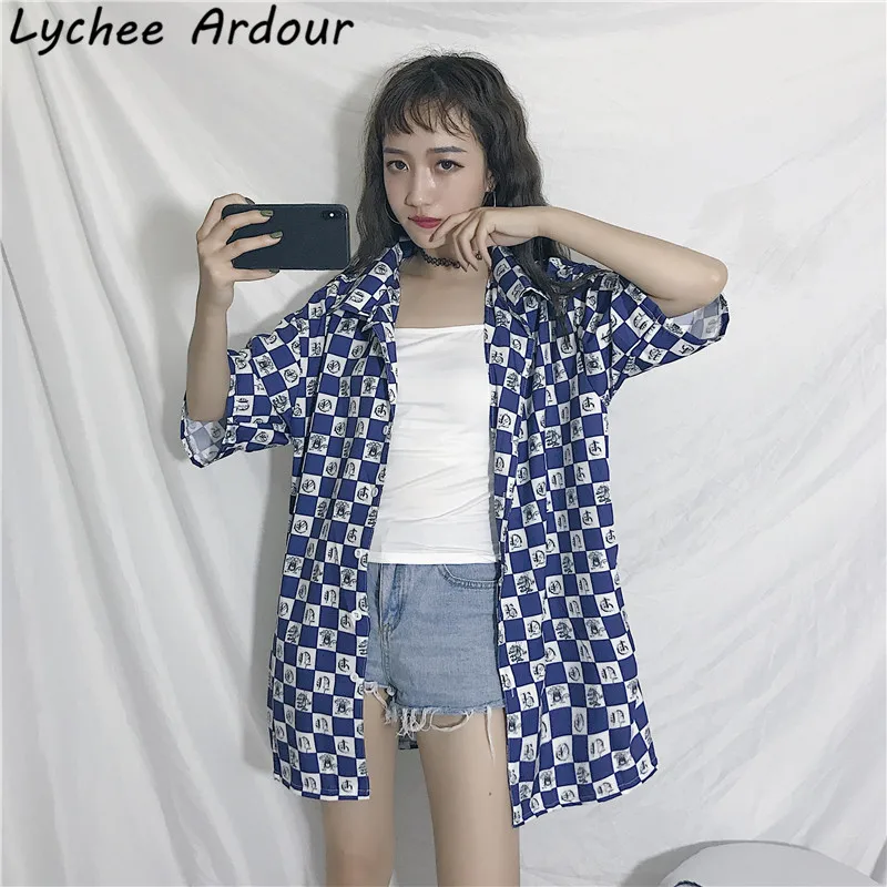 Lychee Ardour Plaid Cartoon Mouse Women Blouse Shirt Turn-Down Collar Half Sleeve Summer Female Casual Long |