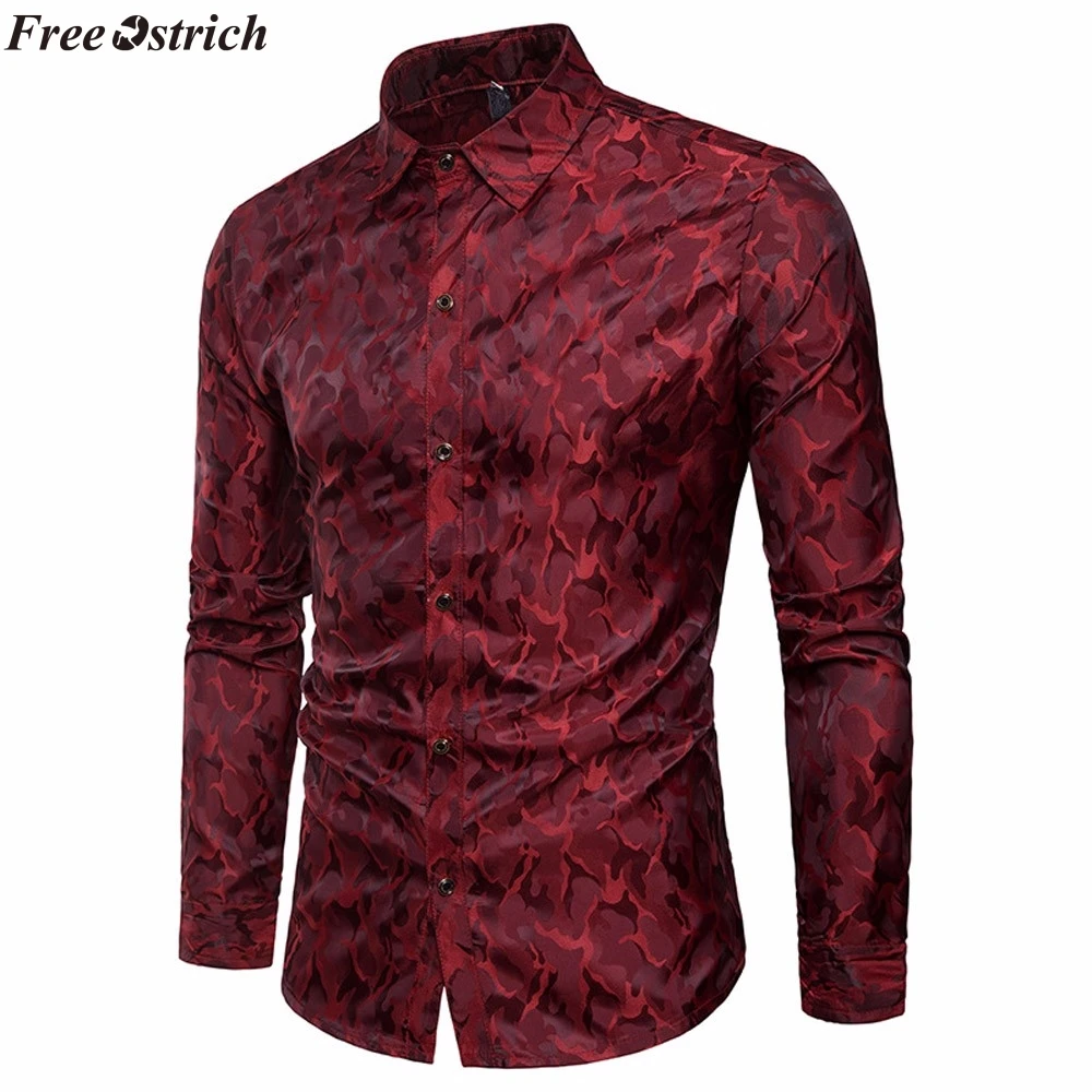 FREE OSTRICH Men's Shirt 2019 Camouflage Design Silk Cloth Luxury Official Dark Business Plaid Slim Long Sleeve Top | Мужская одежда