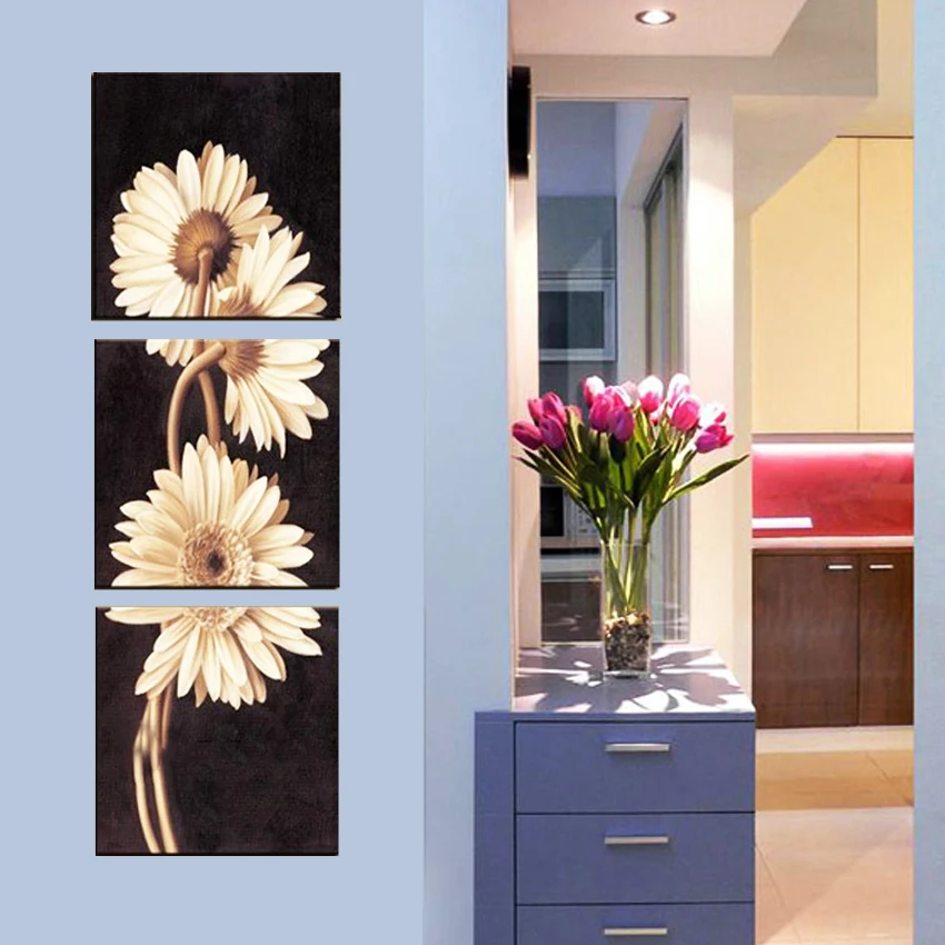 Abstract Oil Painting Pure Handpainted on Canvas chrysanthemum flowers Handmade Modern wall art for Entrance 3pcs | Дом и сад