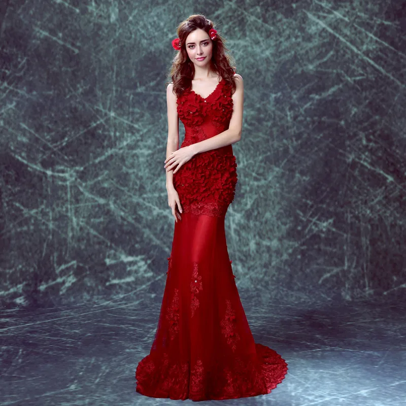 Wine Red Mermaid V-neck Tulle 3D Flowers Appliques Pearls Long Elegant Sexy Evening Dresses Bride Banquet Party Prom Dress XK56 | Свадьбы и