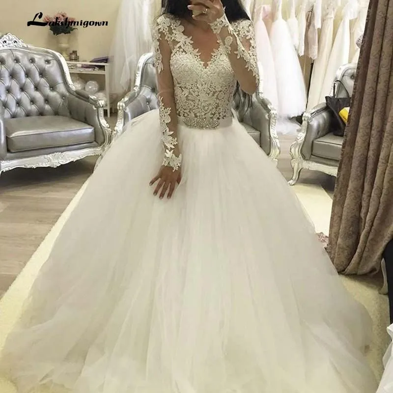 Robe De Mariage Sheer Кружева с одежда длинным рукавом свадебные платья арабские бальное