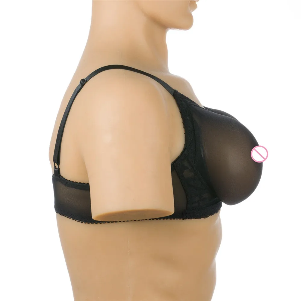 

(1400g/pair Brown Silicone Breast Form+Sexy Black Transparent Lace Pocket Bra ) Crossdresser CD Silicone Boobs With Bra Set