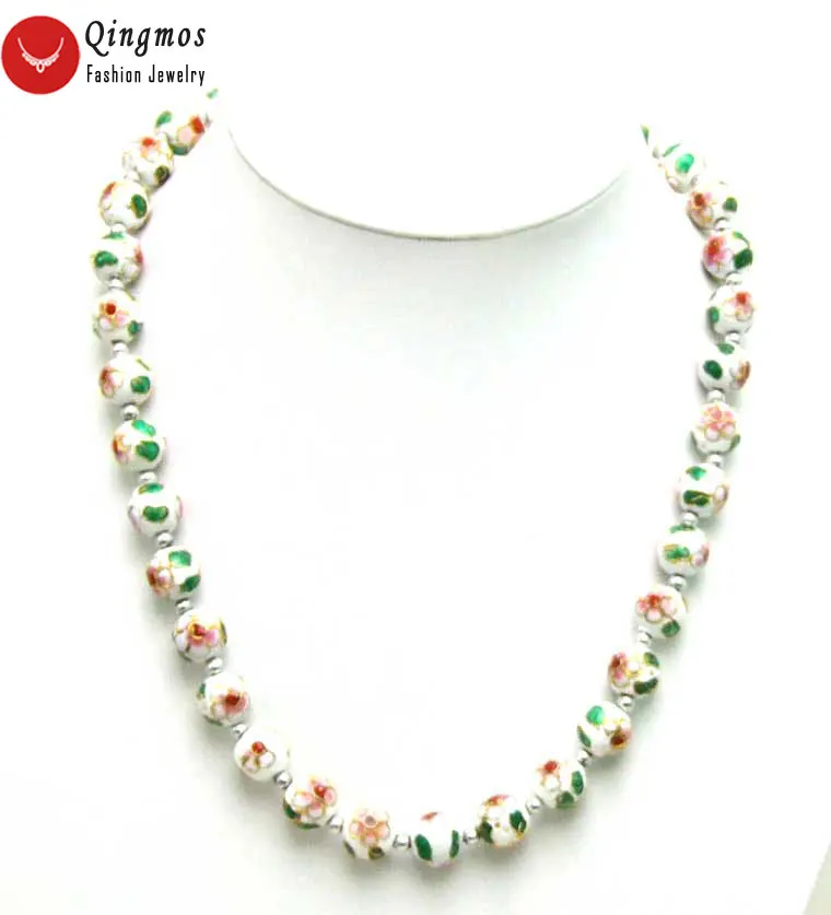 

Qingmos White Cloisonne Chokers Necklace for Women with 12mm White Round Cloisonne & White Flower 20" Necklace Fine Jewelry-5364