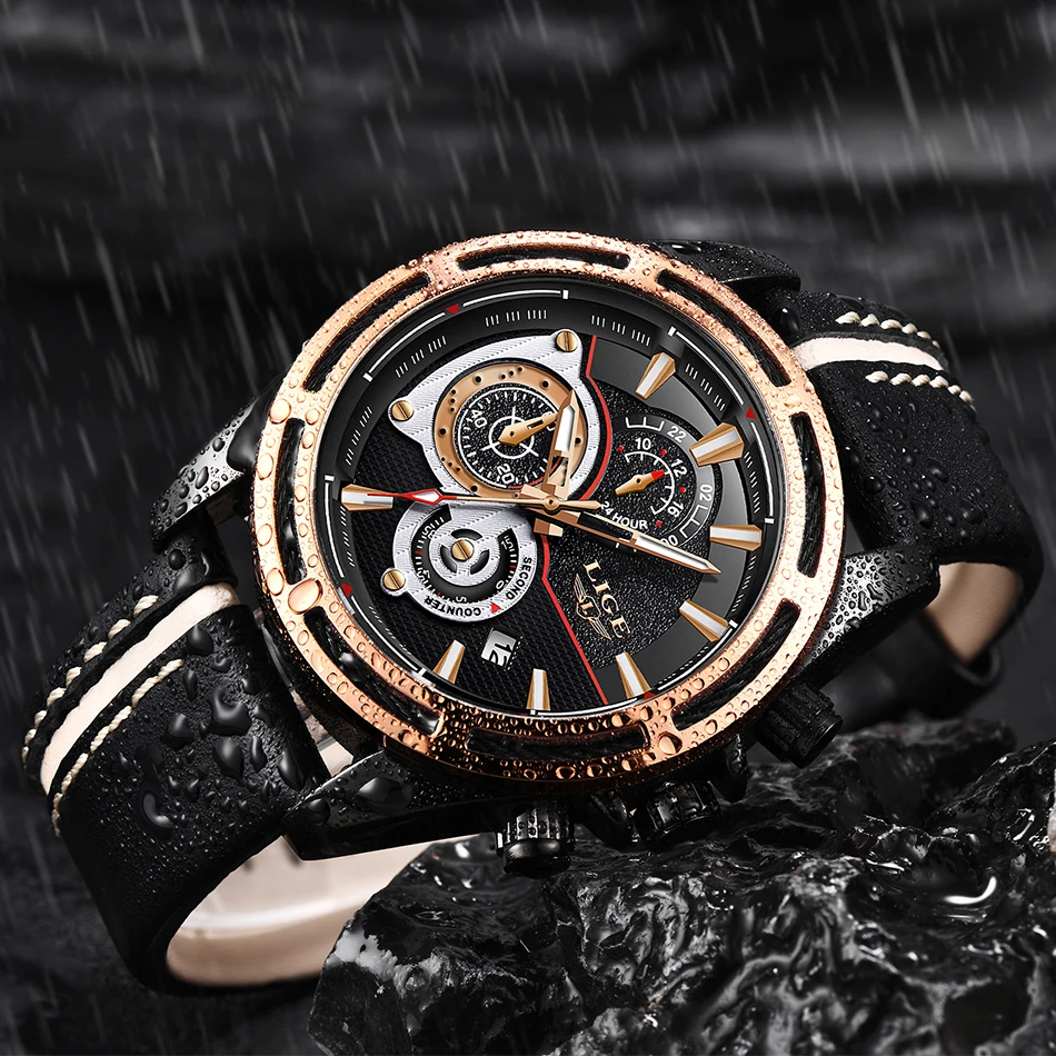 Relojes Hombre, новинка, кварцевые наручные часы LIGE, мужские часы с большим циферблатом, серебристые, черные, кожаные часы, мужские спортивные водонепроницаемые часы с хронографом