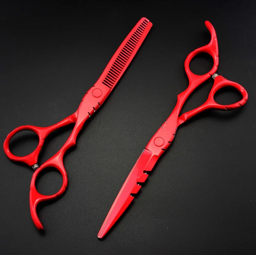 professional Japan 440c 5.5 & 6 inch red cutting + thinning hair scissors barber shears hairdressing scissors set Free shipping