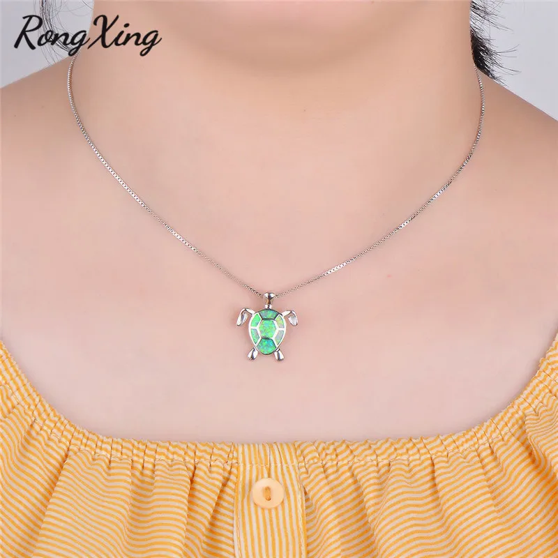 RongXing Lucky Turtle Зеленый Огненный Опал Подвески Ожерелья для женщин Серебряный цвет