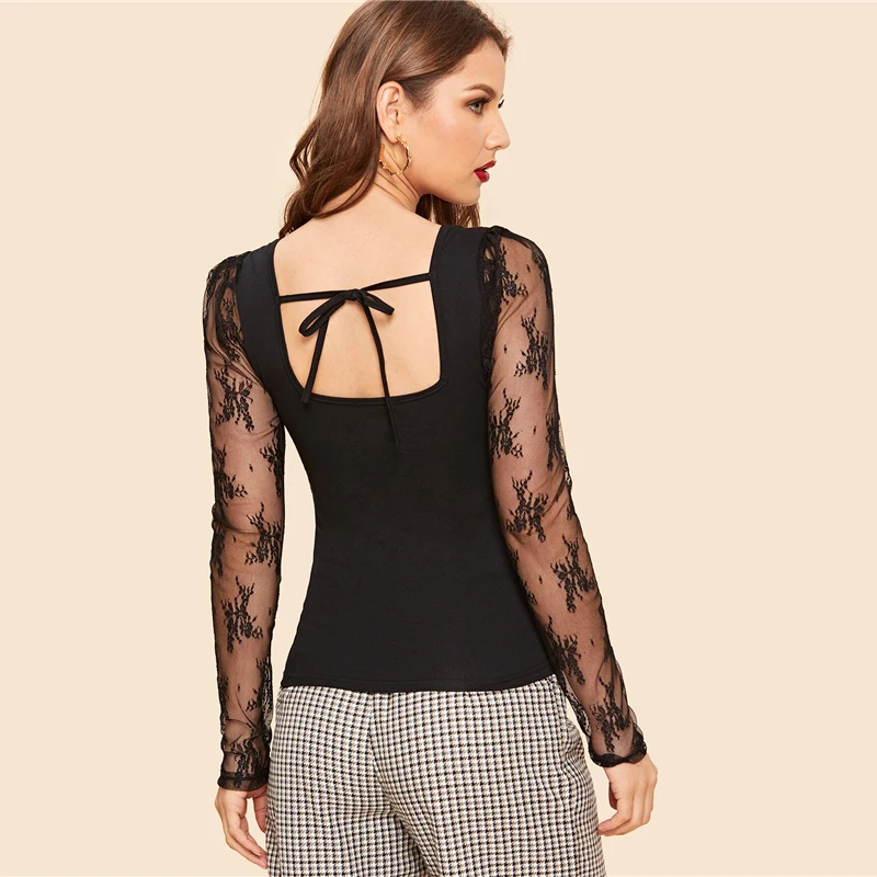 SHEIN Однотонный Топ С Прозрачными Рукавами, Блуза С Кружевными Рукавами