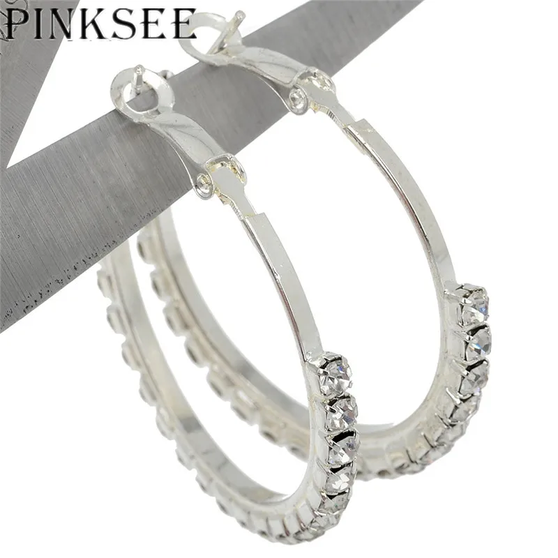 

PINKSEE 2018 Top Popular Earrings Rhinestone Circle Earrings Simple Earrings Big Circle Silver Color Hoop Earrings for Women