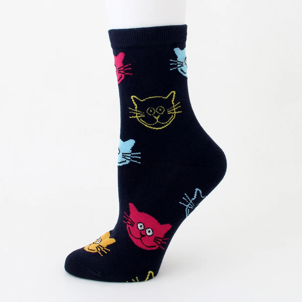 navy blue PEONFLY 4 пар/лот, носки из чесаного хлопка, Женские Дышащие милый кавайный котик, принт, забавные носки, повседневные осенние мягкие носки - Цвет: navy blue