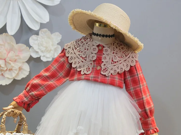 Новинка 2019 года Весенняя рубашка в клетку с кружевными лацканами для девочек
