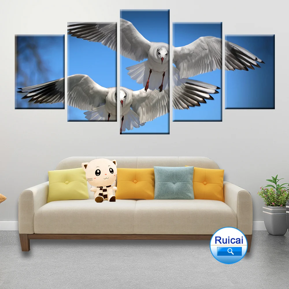 5 panel modular free flying seagull animal poster canvas painting unique home decoration wall art children's room living | Дом и сад