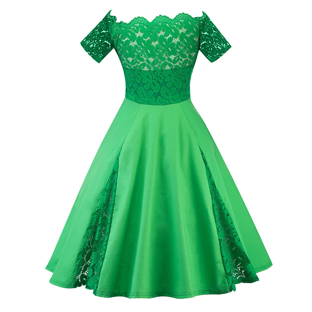 Fashion Women Plus Size Patchwork Short Sleeve Party Dress Lady pure color lace stitching sexy lace one-word shoulder dress 11.8