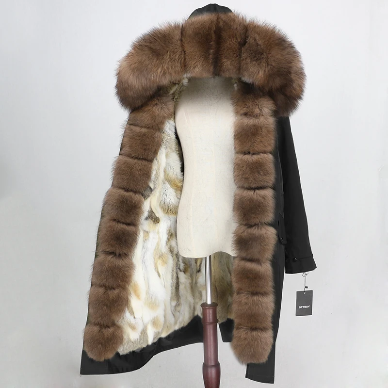 black brown6 Пальто из натурального меха, брендовая Водонепроницаемая парка, зимняя куртка для женщин, натуральный Лисий меховой капюшон, воротник, подкладка из натурального кроличьего меха, теплая уличная одежда, новинка - Цвет: black brown6
