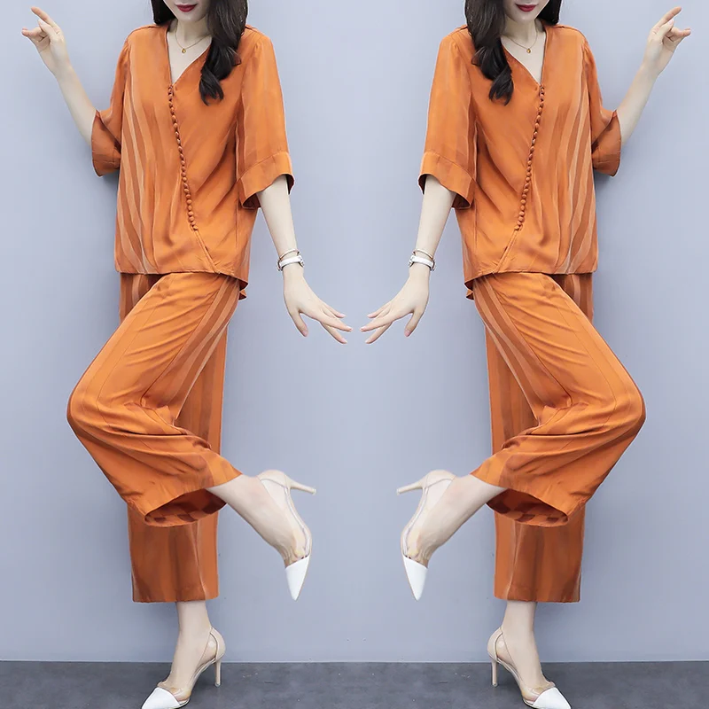 

Office Lady Women's Summer Suit Wide Leg Pants Women Two Piece Outfits Palazzo Pants Ensemble Femme Deux Pieces Top&pants Set