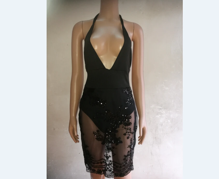 

Womens Dresses Deep V-neck Sleeveless Patchwork See-through Women Dress Bandage Bodycon Party Club Mini Dress