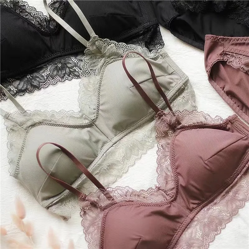 Wriufred Wire Free Sexy Lace Lingerie Set Female Summer Underwear Ultra-thin Comfortable Thread Simple Light Luxury Bra Sets