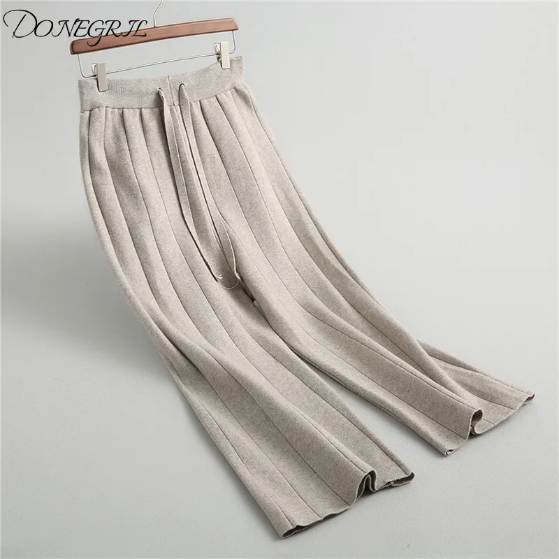 2020 Fall Winter Women Loose Casual Pants Lace UP Elastic Waist Wide leg Wool Knitted Straight Grey Black Beige | Женская одежда