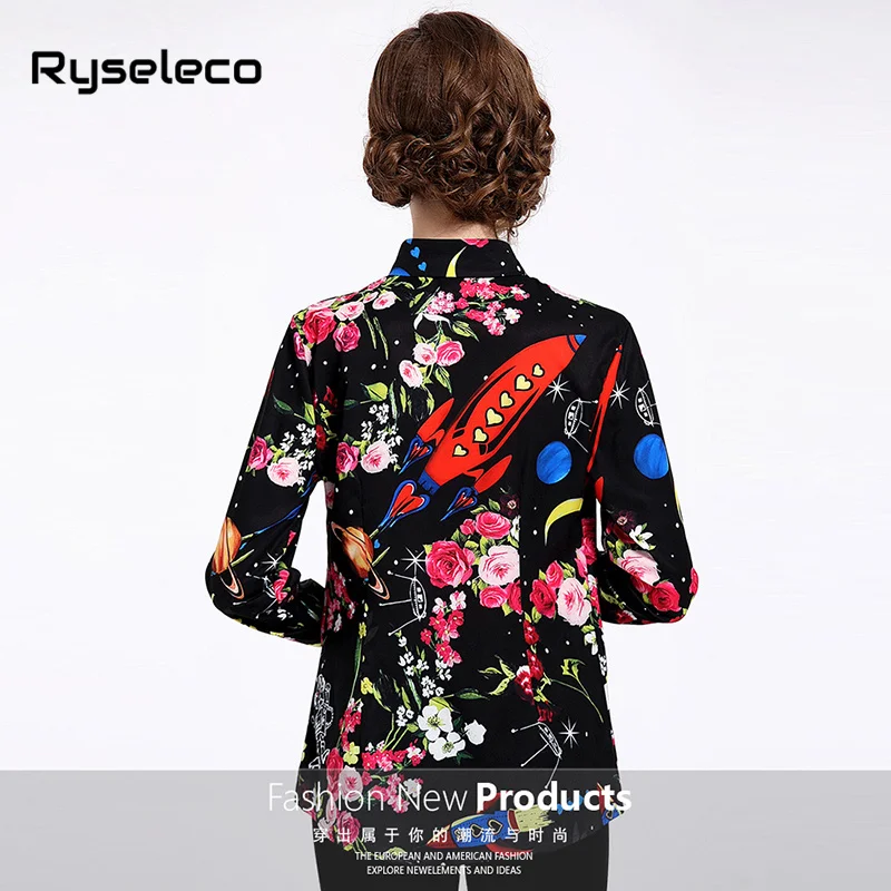 Брендовая дизайнерская черная блузка с цветочным принтом повседневная женская