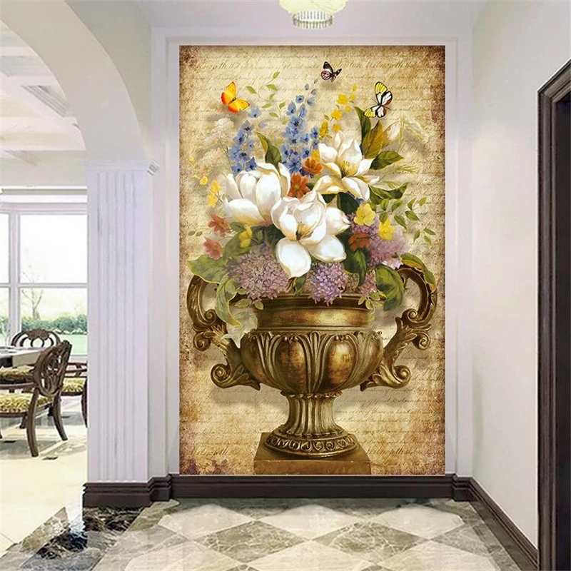 

beibehang Custom wallpaper 3d photo mural European retro painting vase flower 3D porch aisle corridor background wallpaper mural