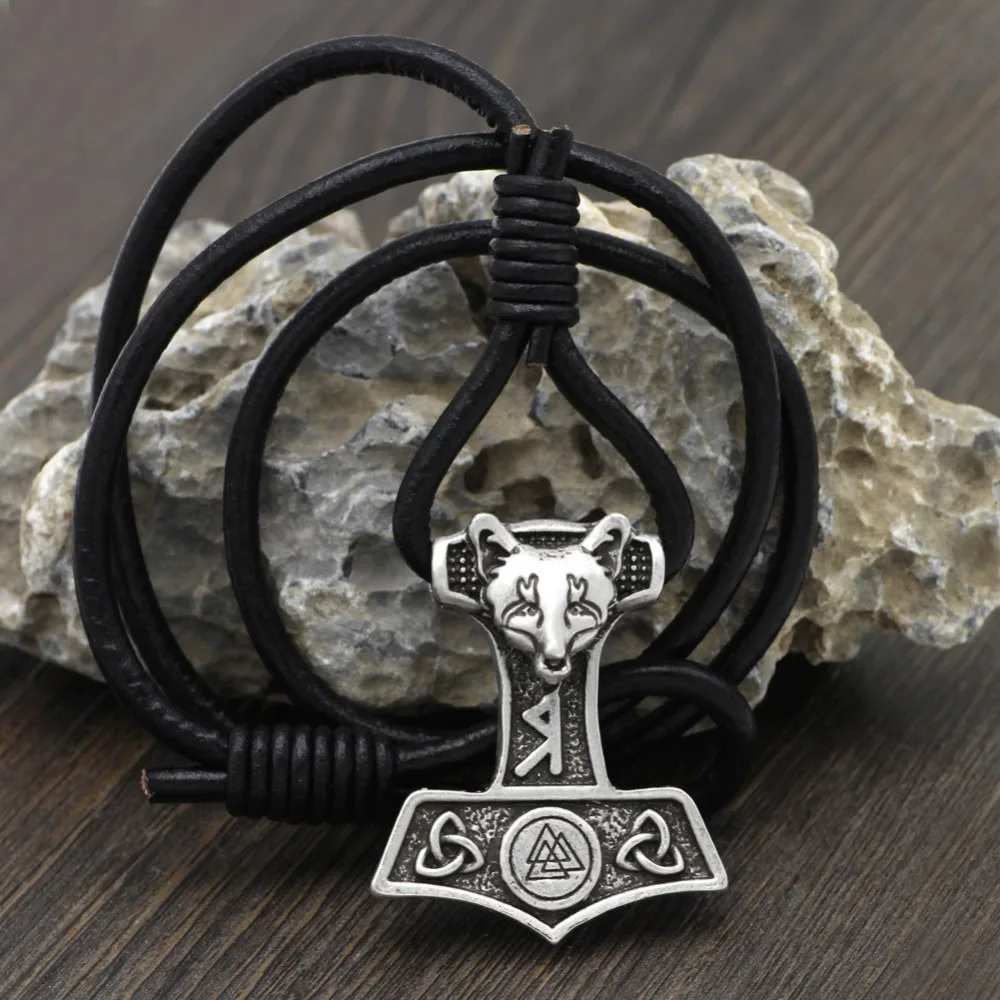 Викинга лиса громовой Молот кулон викинга символ Valknut кожаный браслет Triquetra Мужская подвеска, амулет ювелирные изделия подарок