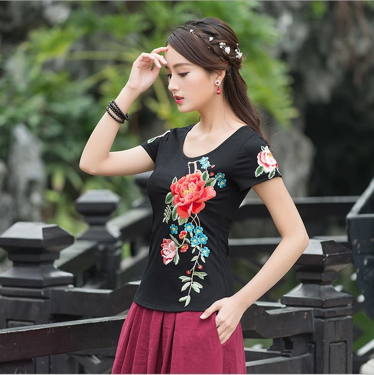 Национальный Ветер 2017 Лето Новый Вышивка Тонкий хлопок с коротким рукавом