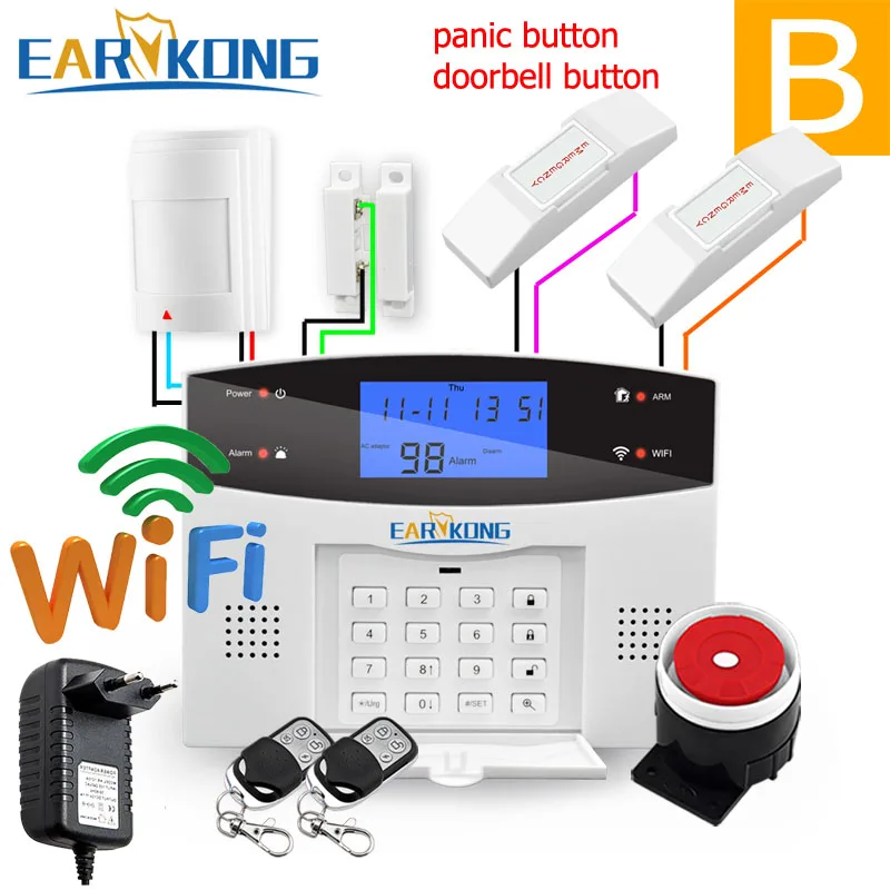 B Проводной и беспроводной 433 МГц, Wifi PSTN GSM домашняя охранная сигнализация Умный дом релейный выход приложение Русский Испанский 7 Язык - Цвет: B