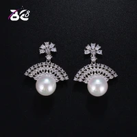 be 8 fashion female cute stud pearl earrings with cubic zirconia stone fan shaped high quality statement earrings e431