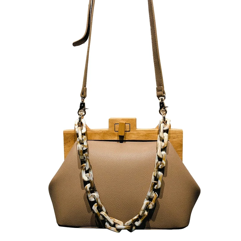 Beige Women'S Box Bag Bucket Bag Wooden Clip Evening Bag Ins Acrylic Chain Luxury Handbag Banquet Party Purse Shoulder Bag - Цвет: Beige