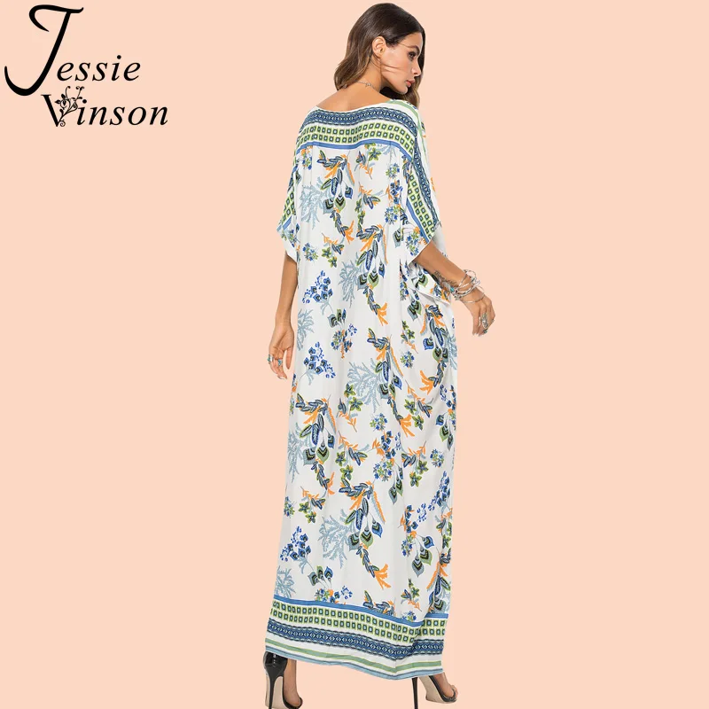 Jessie Vinson Women Plus Size Short Batwing Sleeve V-neck Boho Printed Long Maxi Dress Summer Bohemian Floor Length Beach | Женская