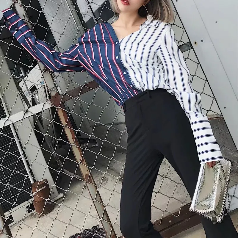 Женская ассиметричная рубашка в полоску весенне летняя без бретелек европейском