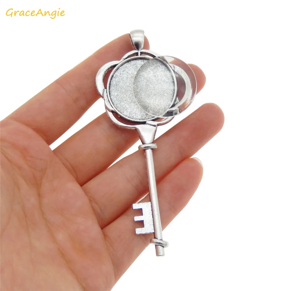 GraceAngie Antique Silver Flower key shape Cabochon Pendant Alloy Charms with Glass Cameo For DIY Necklace Making Findings | Украшения и
