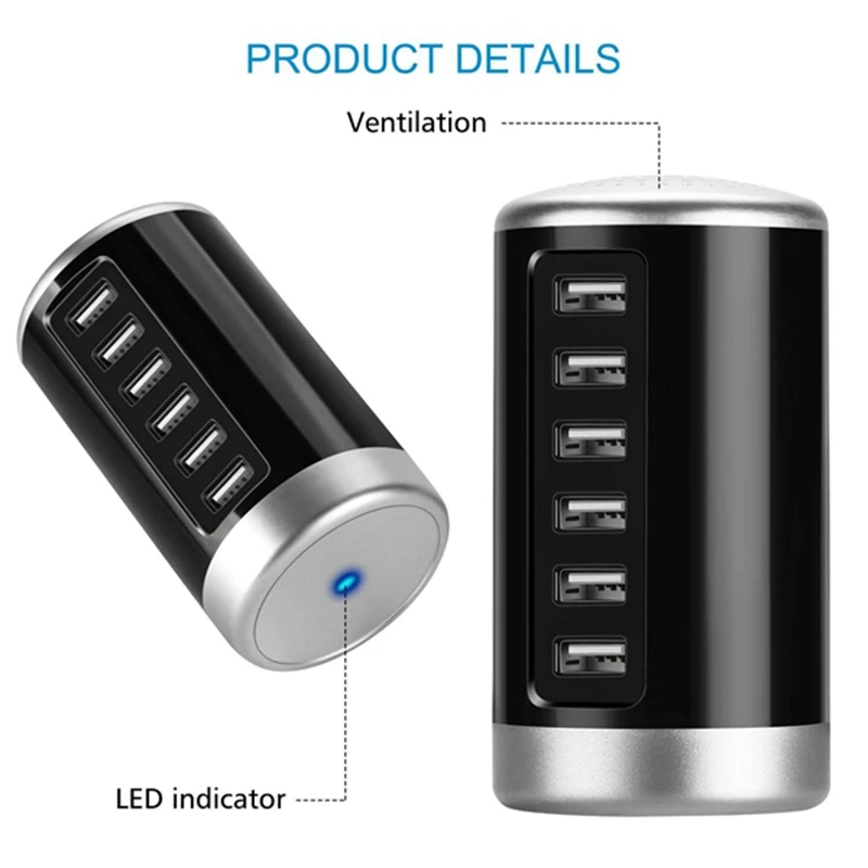 USB Зарядное устройство, универсальная 6-Порты и разъёмы для рабочего стола, usb-хаб/зарядная станция башня с интеллектуальной идентификацией Технология для Apple iOS, Андро