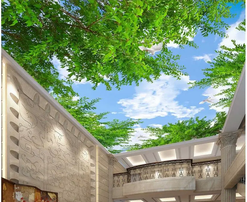 

Custom photo 3d ceiling murals wallpaper Non-woven Dove tree leaves blue sky white clouds painting room wallpaper for walls 3 d