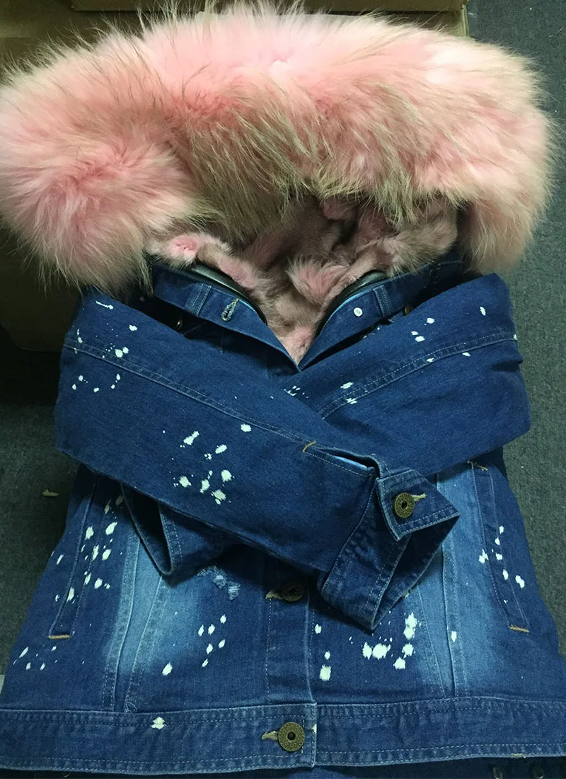 Подкладка из натурального Лисьего меха джинсовая куртка пальто parka100% большой воротник из меха енота Женское зимнее пальто джинсовая куртка