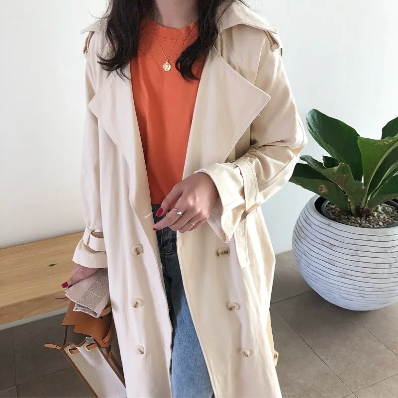 Модный двубортный Тренч женский плащ с поясом Ветровка женская свободный