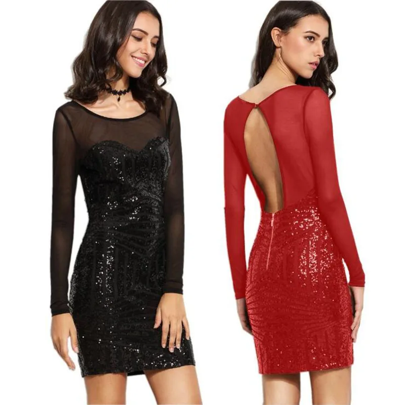 2017 осеннее новое платье с длинными рукавами и открытой спиной облегающее Пышное