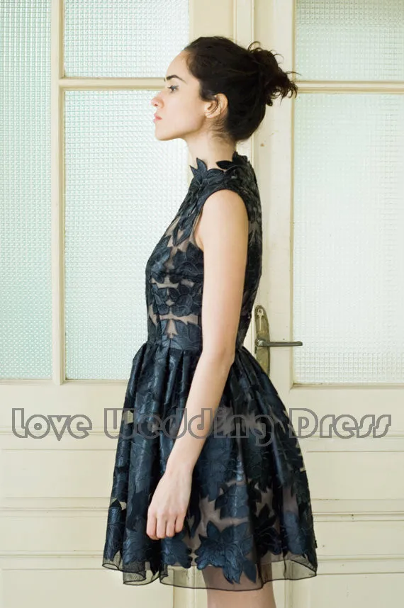 Черный Высокая Шея Короткие Пром Платье Из Органзы Аппликации Сексуальная