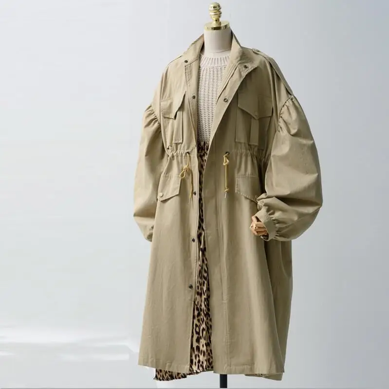 Khaki Женский Длинный плащ, осень, на шнуровке, талия, рукав-фонарик, карман, пальто для женщин, одноцветное, элегантное пальто для женщин размера плюс - Цвет: Khaki