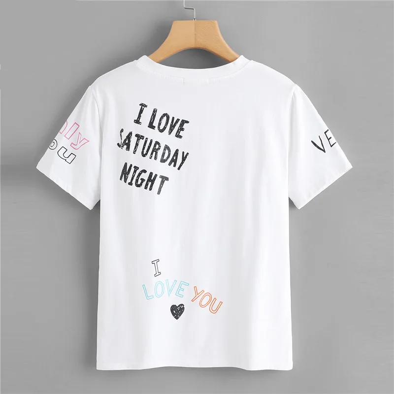 NAFMI Slogan Print Tee 2018 лето мультфильм письмо опрятный Топы Для женщин Белый шею
