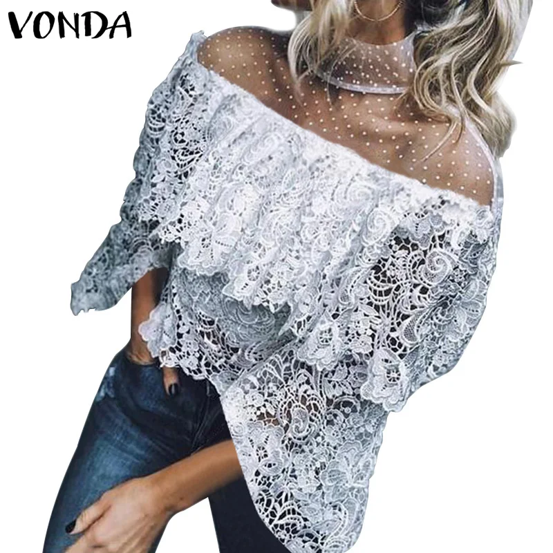 VONDA, модные топы для женщин, летняя Кружевная блуза, рубашка, Женская вязанная крючком рубашка с открытыми плечами, повседневные свободные блузы размера плюс