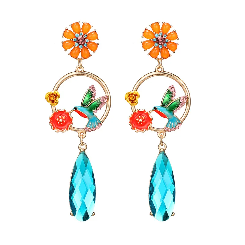

New Fashion Elegant Inlay Rhinestone Earrings Women Flower Bird Large Long Drop Earrings For Women