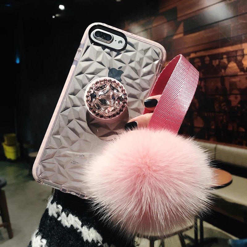 Чехол для iPhone X S MAX 8 7 Plus 6 6s plus DIY меховой шар с ремешком Хрустальный кронштейн