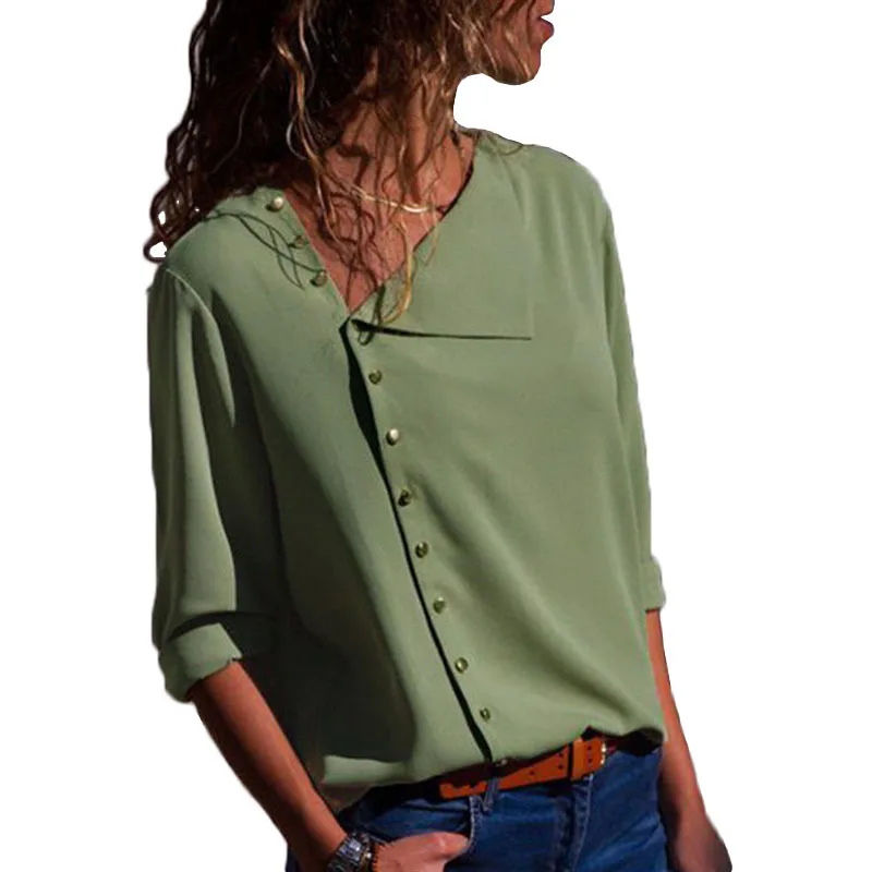 2018 летние модные Кнопка с длинным рукавом косой воротник Твердые Рубашки Блузка