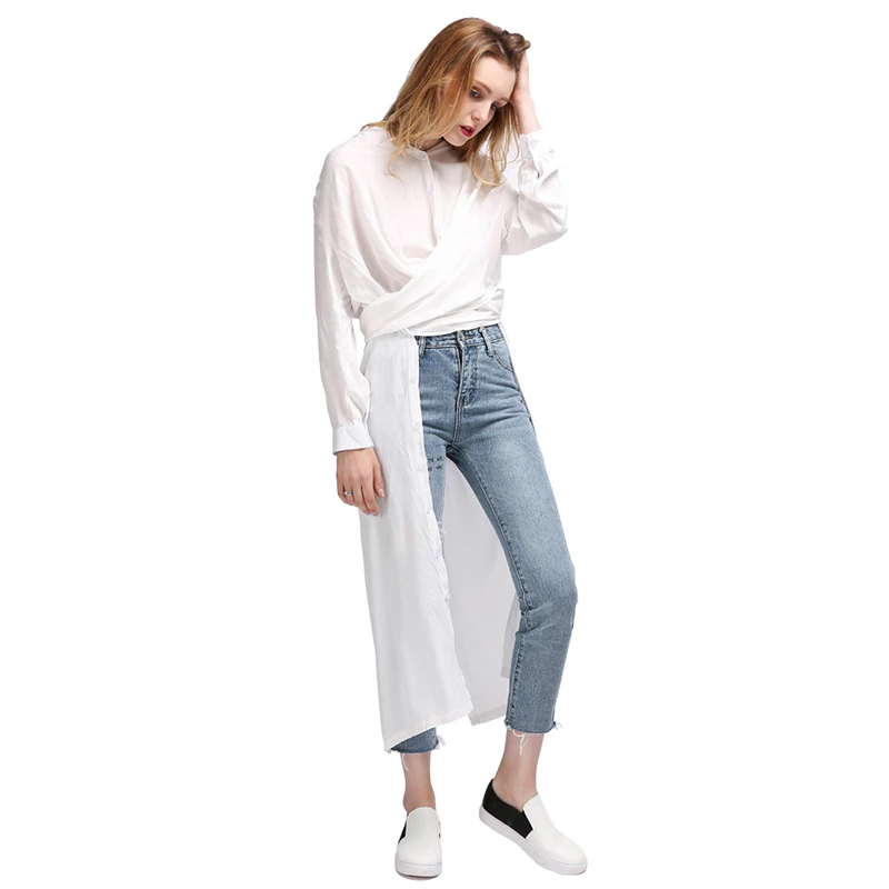 TWOTWINSTYLE сплит длинная рубашка Женский Стенд воротник фонарь рукав Ruched Белый Большой размер OL Блузка Весенняя Модная элегантная одежда