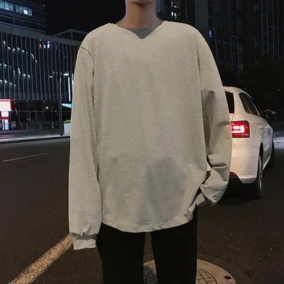 light grey Однотонная корейская модная мужская футболка большого размера с круглым вырезом, Повседневная Свободная уличная футболка с длинным рукавом в стиле хип-хоп, Мужская футболка, 6 цветов - Цвет: light grey