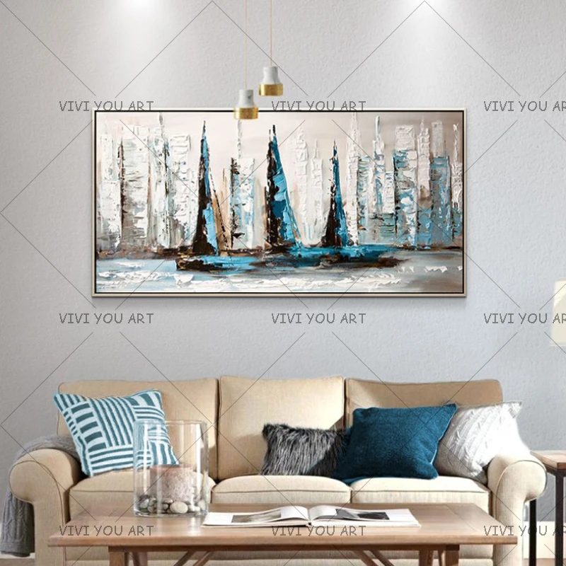 

Contemporary Abstract Seascape Handpainted Oil Painting Palette Knife Abstract Sailboats Wall Pictures Living Room Home Decor