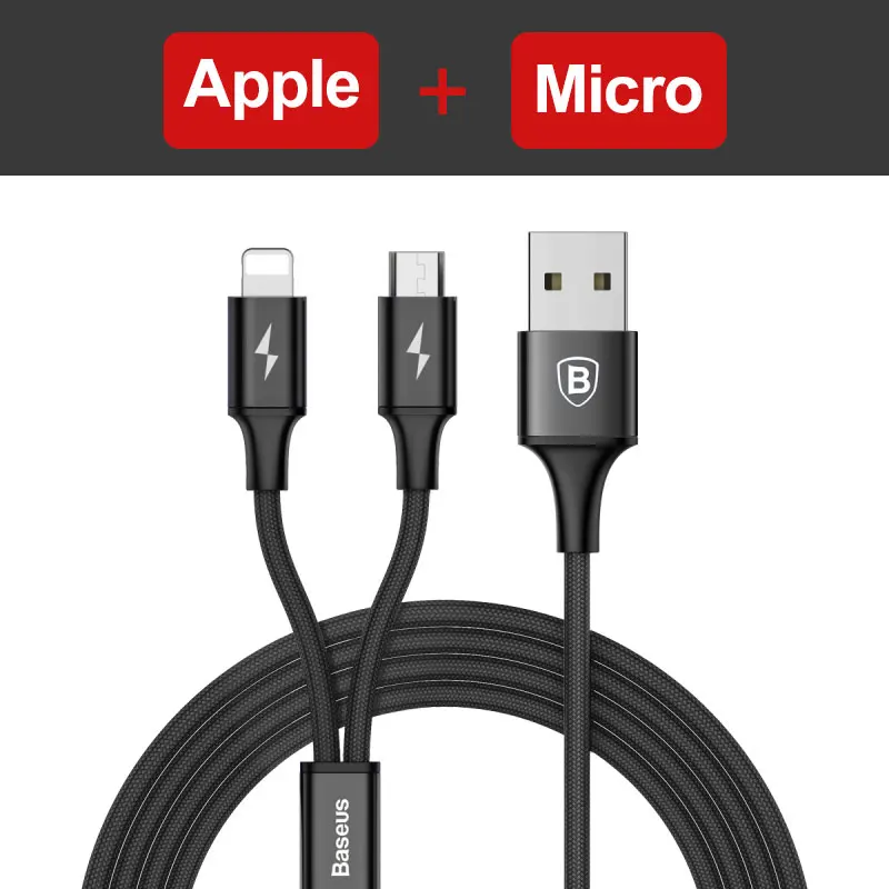 Baseus 3 в 1 USB кабель для iPhone Xs Max XR X зарядное устройство 2 в 1 Micro USB кабель usb type C кабель для телефонов Android - Цвет: 2 in 1 Black