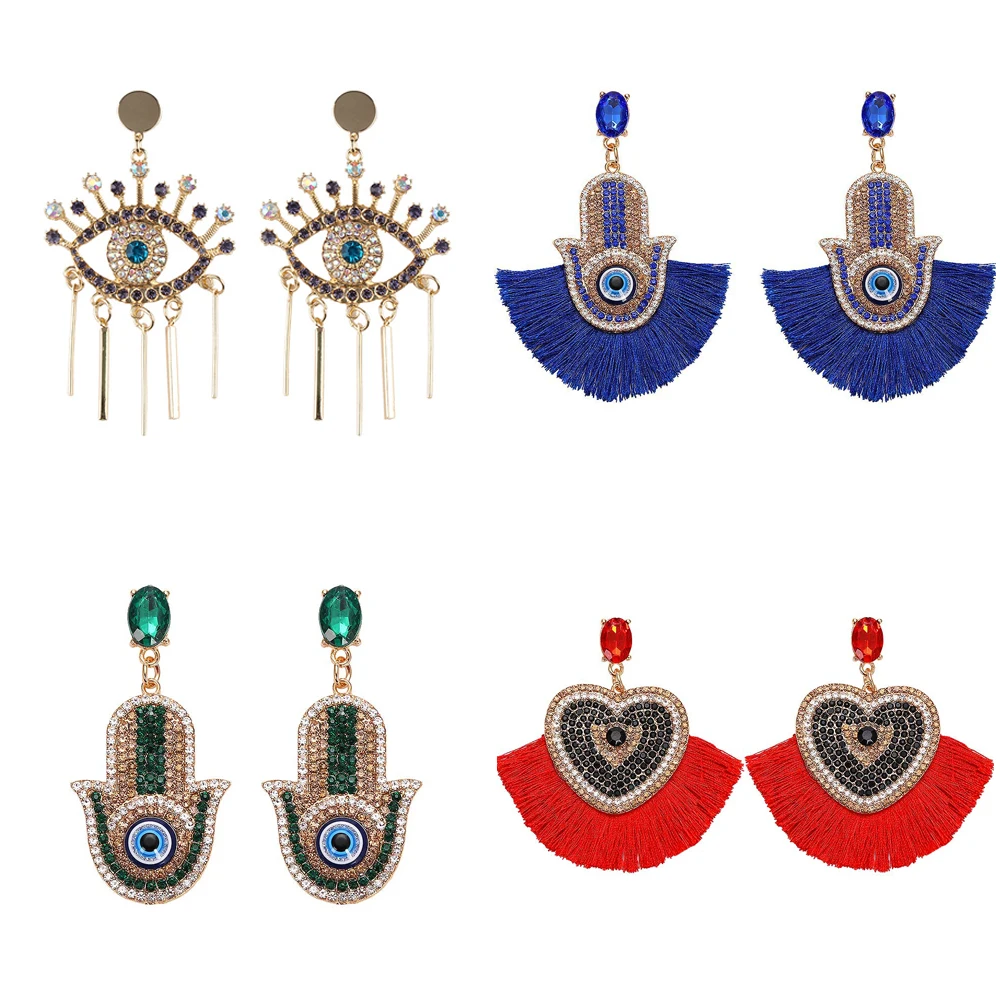 Женские богемные серьги подвески с кристаллами в виде глаз и бахромой уникальный
